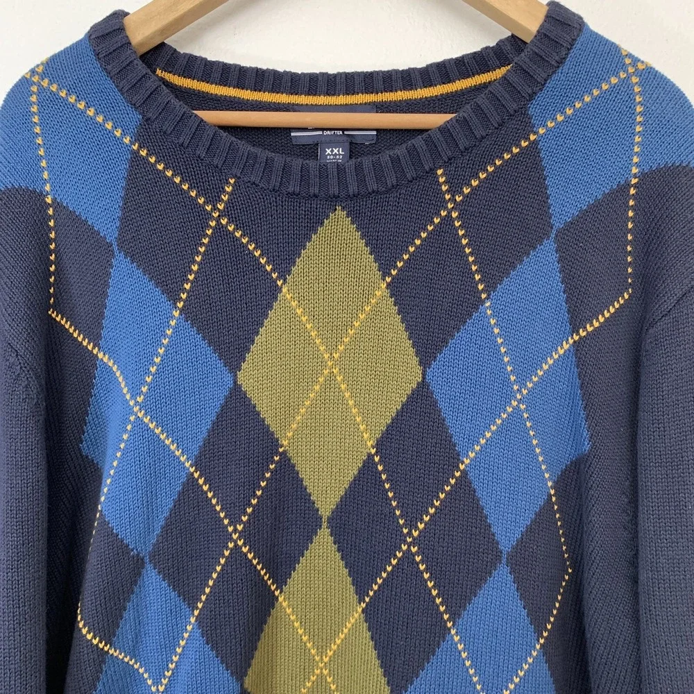 Lands End Drifter Argyle  Crew Neck Sweater Men XXL   Jumper  100%‎ Cotton Blue